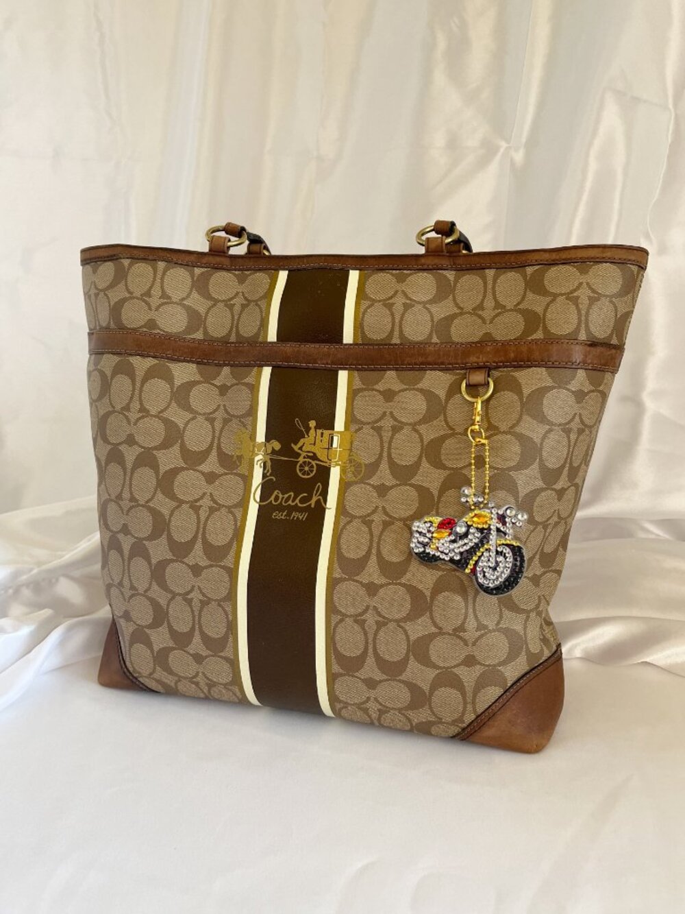 COACH Signature Heritage Stripe Tote Shoulder Bag Coated Canvas Leather - Picture 11 of 11